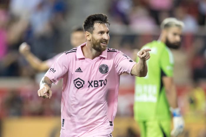 Lionel Messi pictured celebrating after scoring on his Major League Soccer debut in Inter Miami's 2-0 win away at New York Red Bulls in August 2023